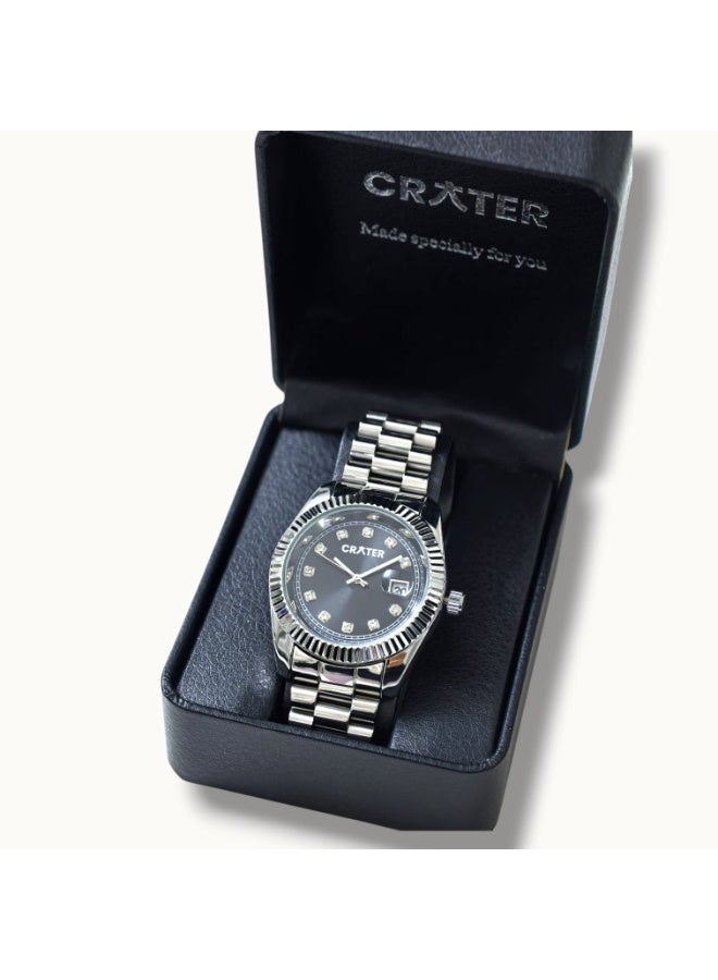 كريتر  ساعة كريتر (CRATER) للرجال – تصميم ملكي فاخر من الستانلس ستيل، مينا كلاسيكي مع عرض التاريخ، مقاومة للماء – تشمل علبة الماركة (فضي /أسود ). - Image 4